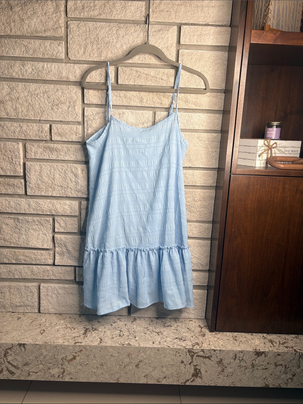 Light Blue Spaghetti-Strap Mini Dress with Ruffle Hem